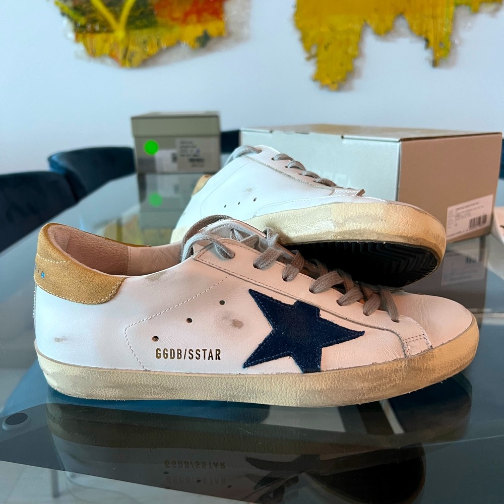 Authentic Mens Size 41 Golden Goose Color White/Royal & Blue/Sand